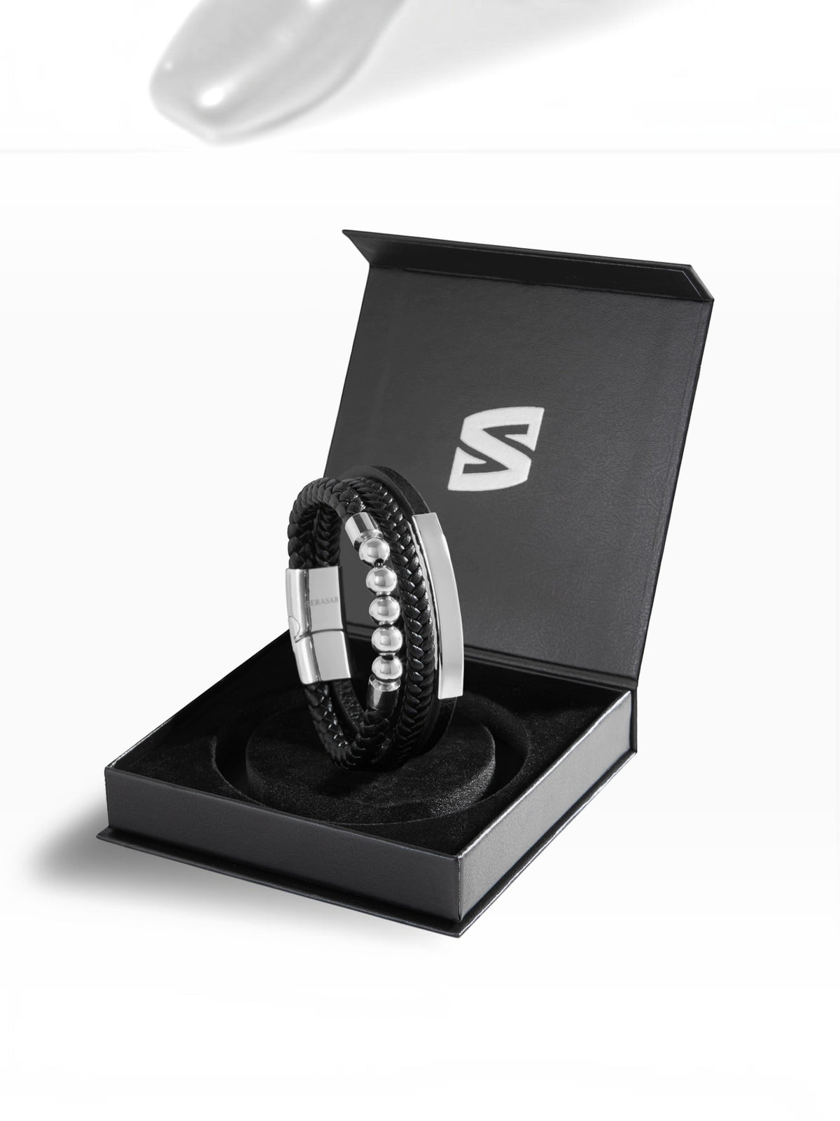 BROCK SERASAR black braided leather bracelet with silver beads and magnetic stainless steel clasp in a gift box.