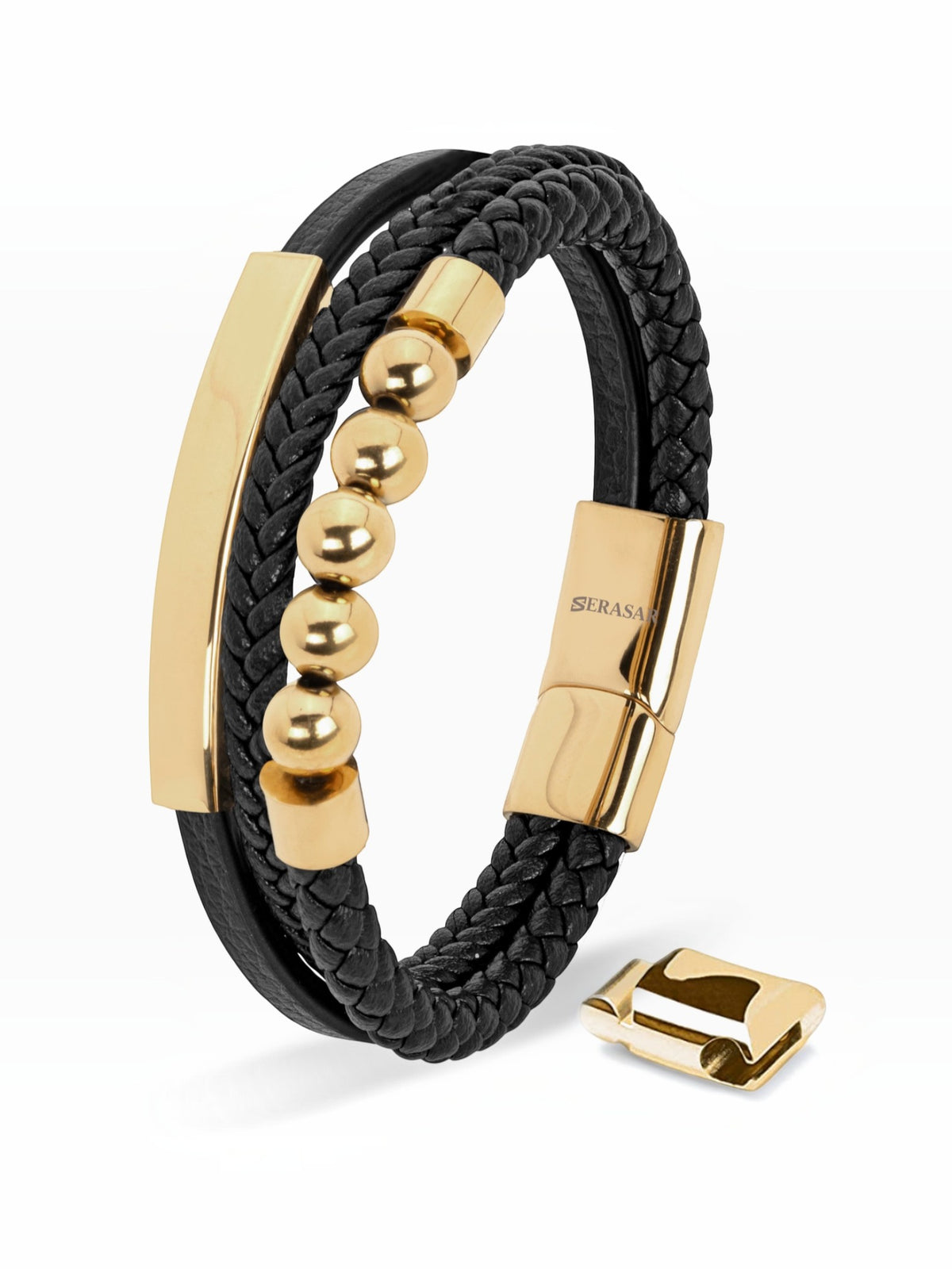 BROCK SERASAR black braided leather bracelet with gold beads and stainless steel magnetic clasp