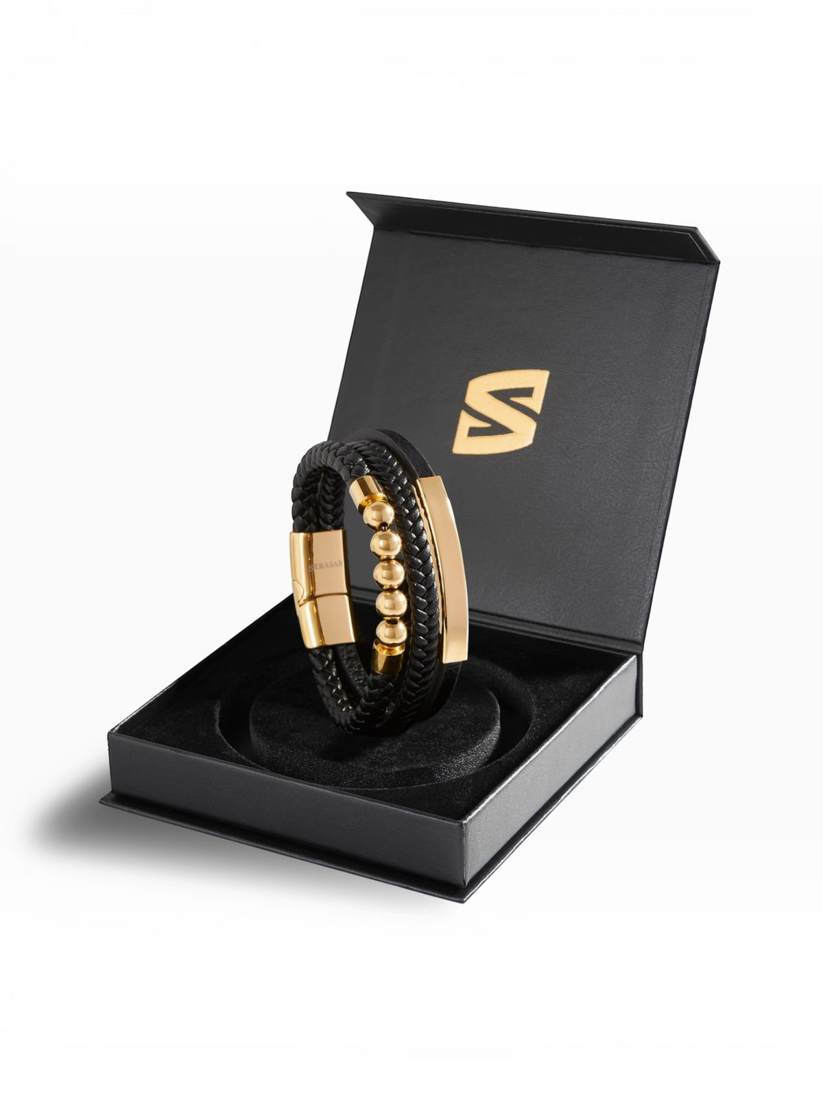 BROCK SERASAR black braided leather bracelet with gold beads and magnetic stainless steel clasp in a gift box.
