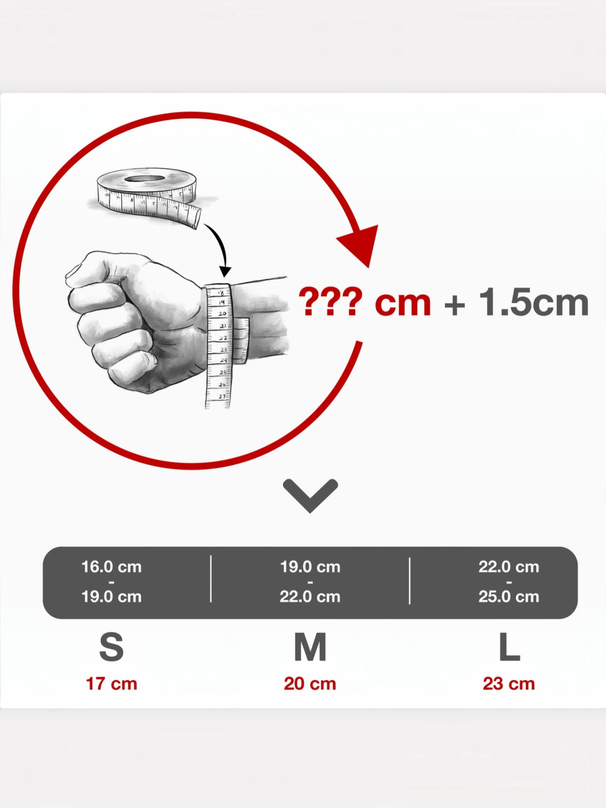 BROCK SERASAR bracelet size guide showing how to measure wrist circumference for S, M, and L leather bracelet sizes