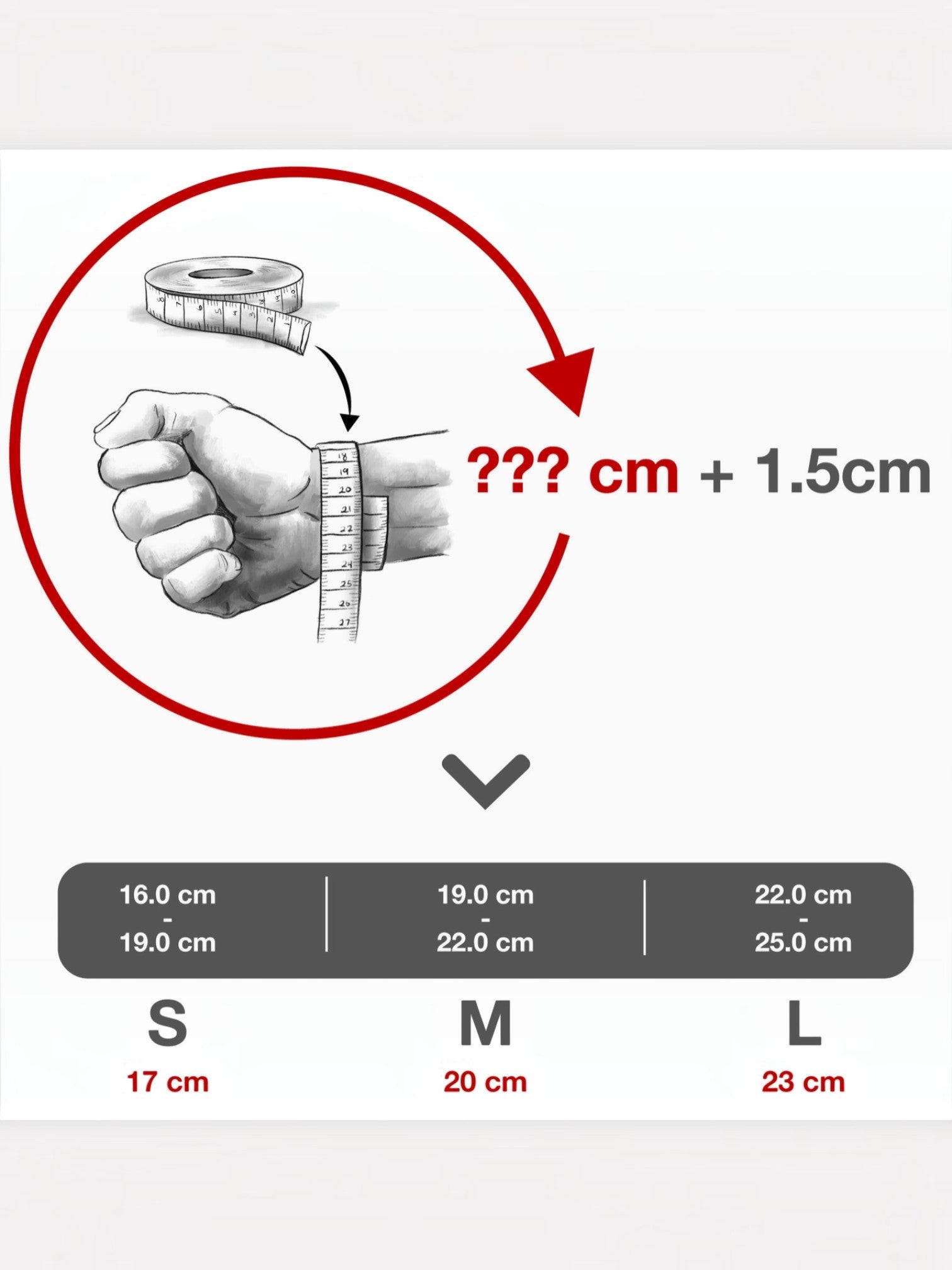 BROCK sizing guide for SERASAR leather bracelets showing wrist measurement instructions and size chart