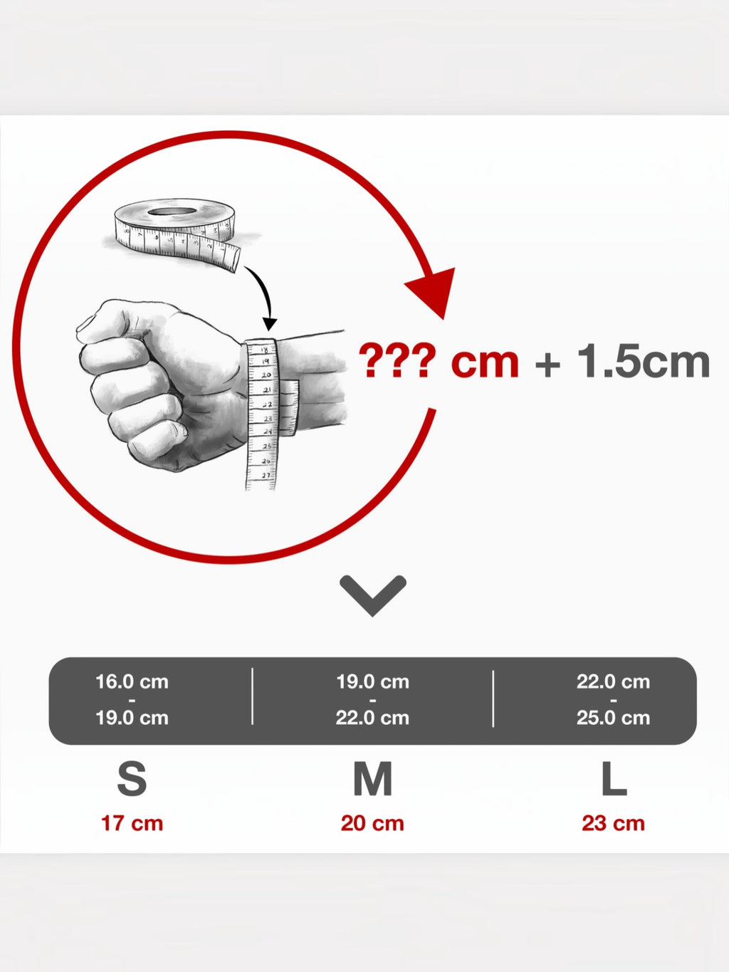 BROCK SERASAR Pearl leather bracelet size guide showing how to measure wrist circumference for S, M, and L sizes.