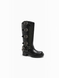 BROCK Stephan Paris black biker boots with multiple distressed metal buckles, rounded toe, and block heel.