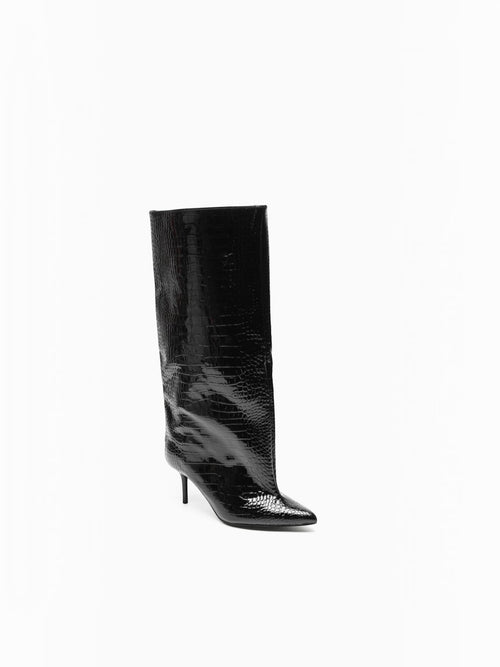 BROCK STEPHAN PARIS black mid-calf boots in patent faux leather with crocodile texture, pointed toe and stiletto heel.