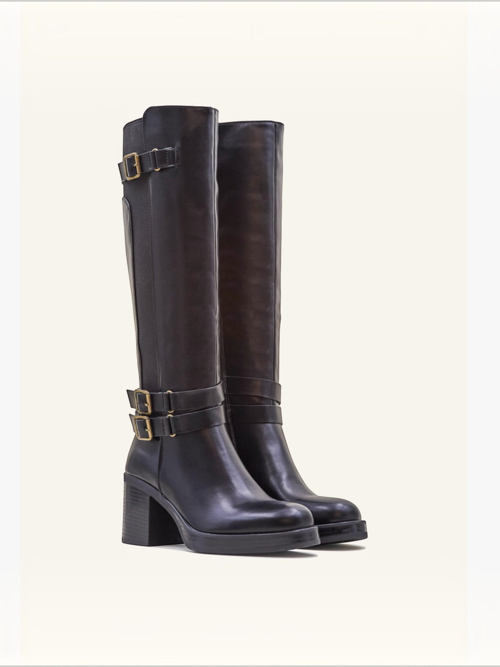 BROCK STEPHAN PARIS black faux leather knee-high riding boots with three decorative gold buckles and block heel