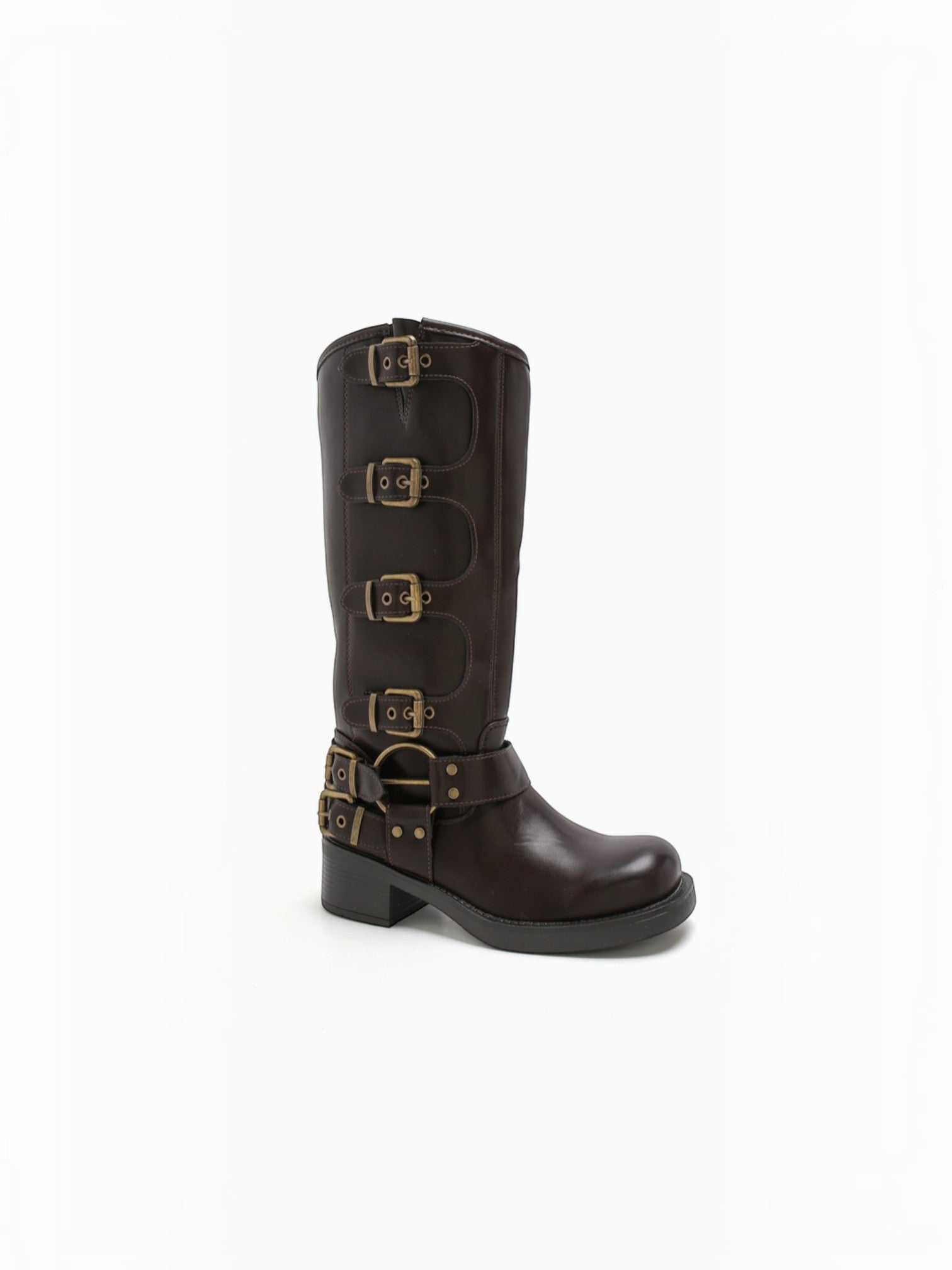 BROCK Stephan Paris dark brown knee-high biker boots with multiple aged metal buckles and a block heel.
