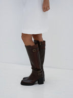 BROCK STEPHAN PARIS brown faux leather knee-high riding boots with three decorative gold buckles and side zip