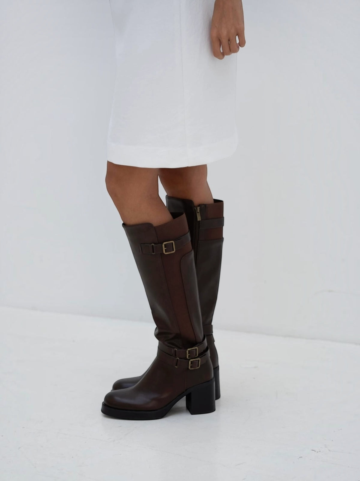 BROCK STEPHAN PARIS brown faux leather knee-high riding boots with three decorative gold buckles and side zip