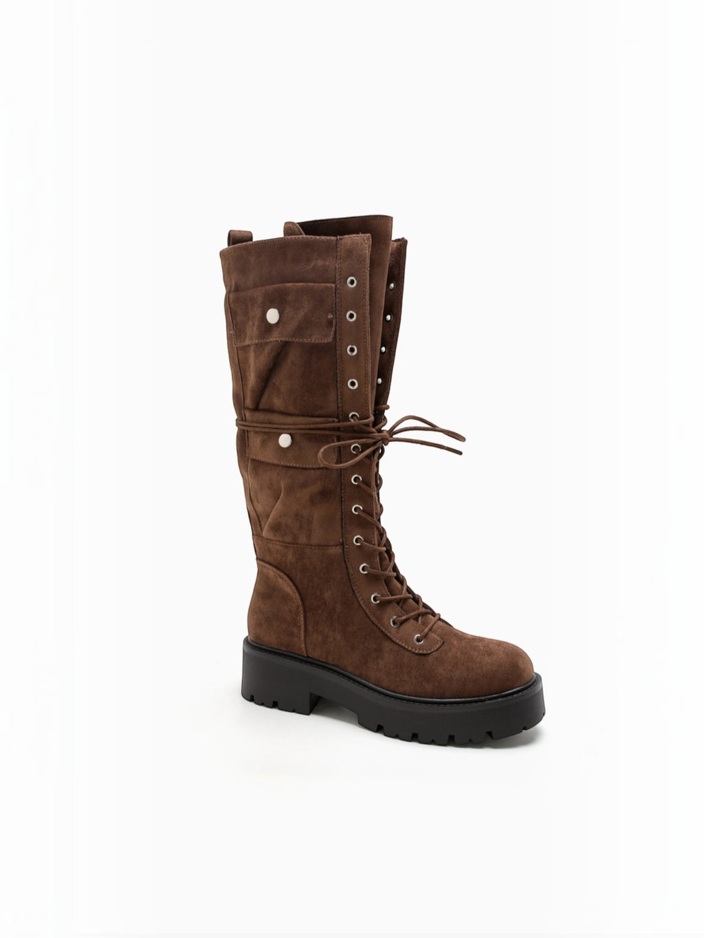 BROCK STEPHAN PARIS brown faux suede mid-calf biker boots with lace-up front, side pockets, and thick lug sole.