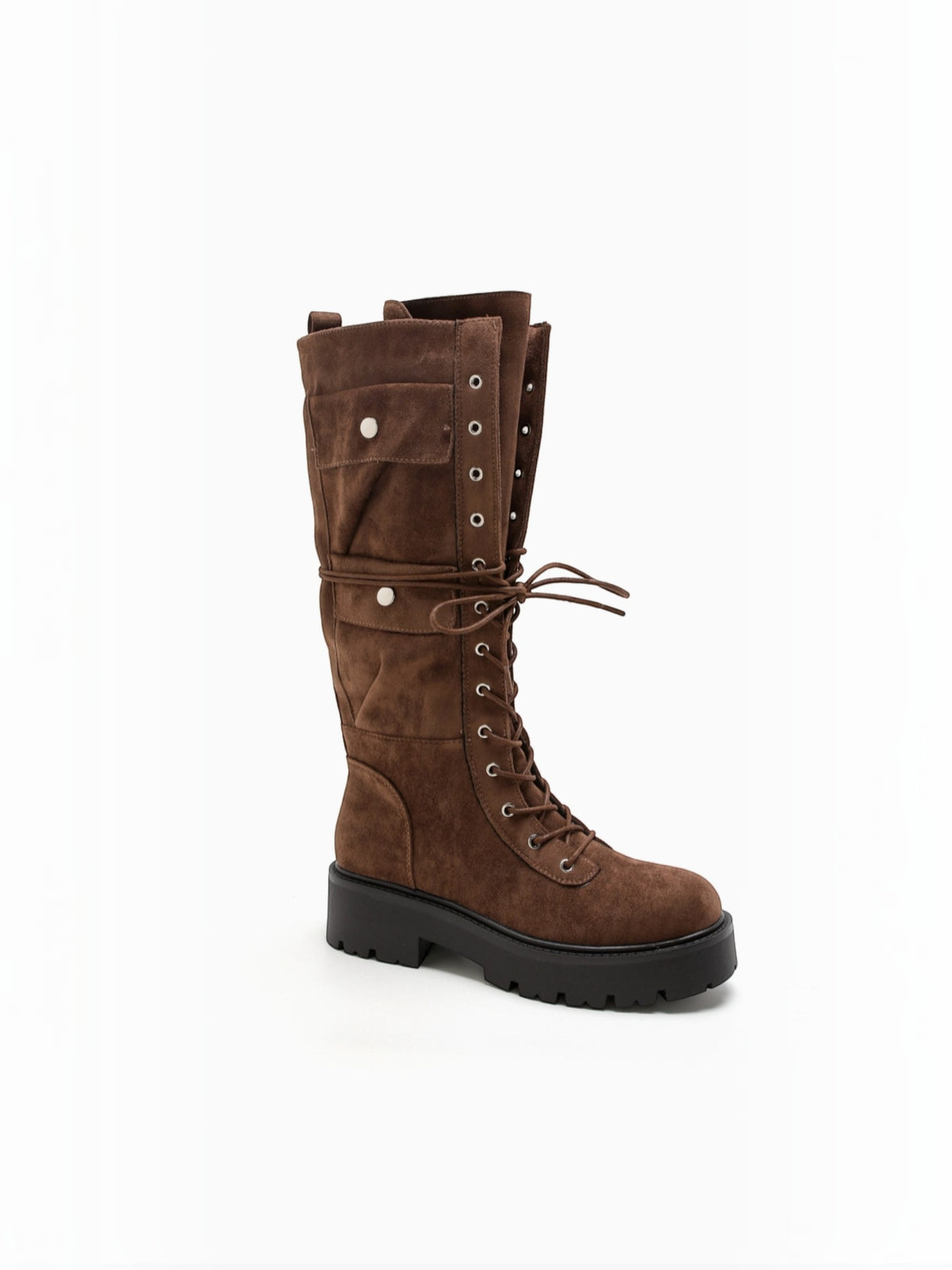 BROCK STEPHAN PARIS brown faux suede mid-calf biker boots with lace-up front, side pockets, and thick lug sole.