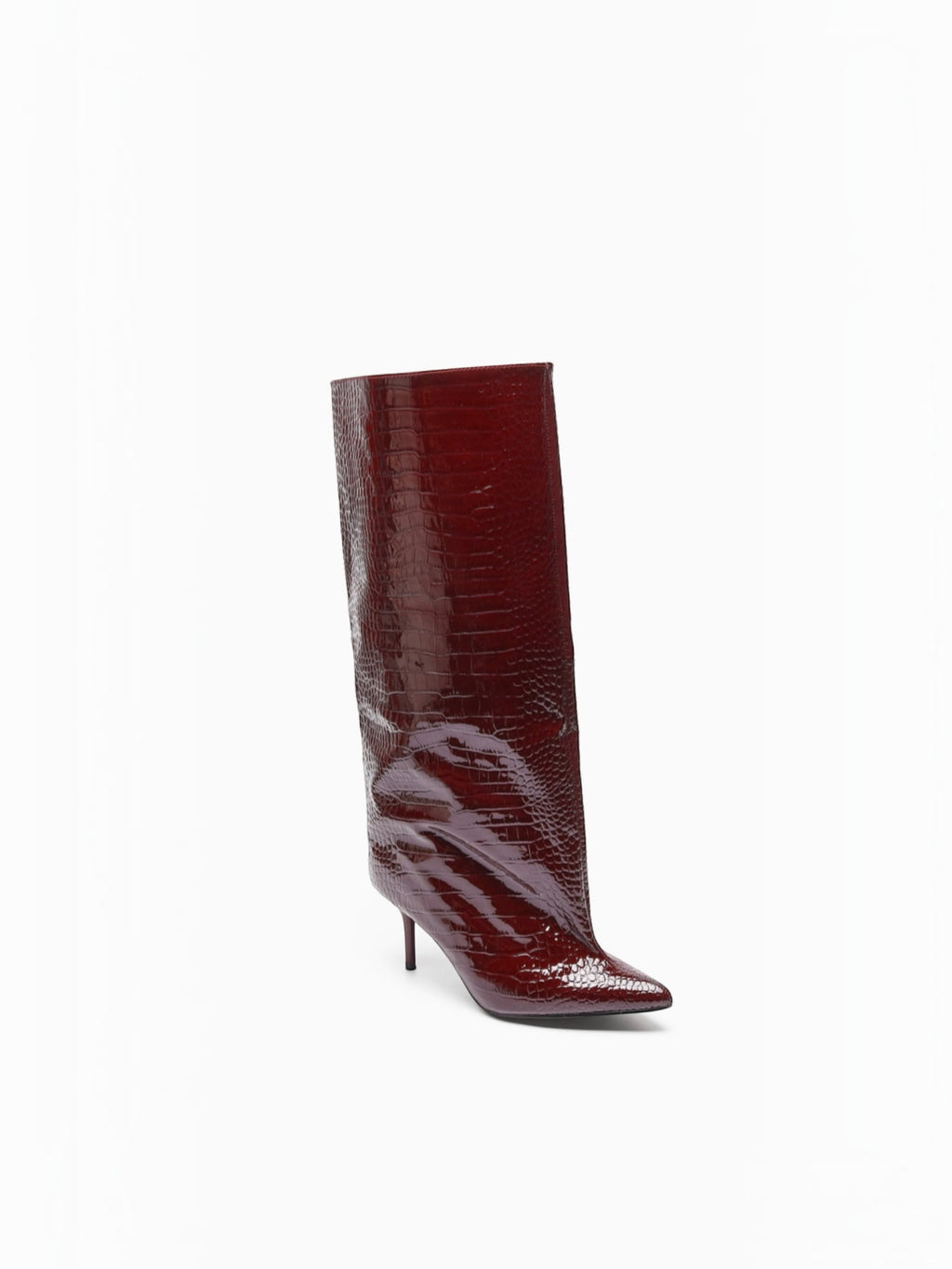 BROCK STEPHAN PARIS burgundy patent faux leather crocodile effect knee-high boots with a sharp stiletto heel