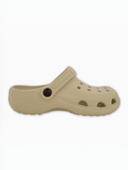 BROCK SUNSEA beige EVA clogs with side perforations and a pivoting heel strap for breathable summer comfort.