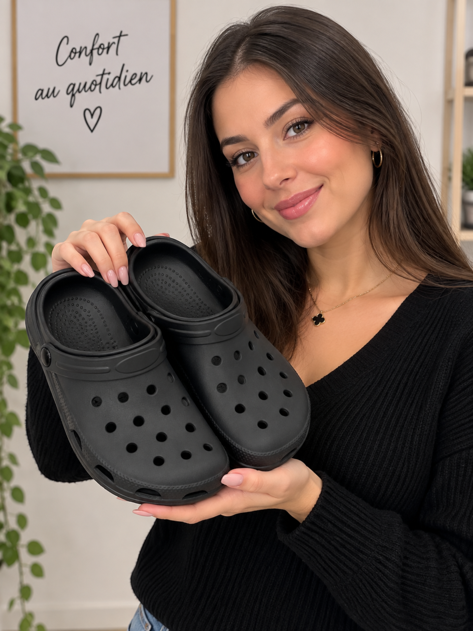 Woman holding black BROCK SUNSEA breathable EVA clogs with perforated design and non-slip soles