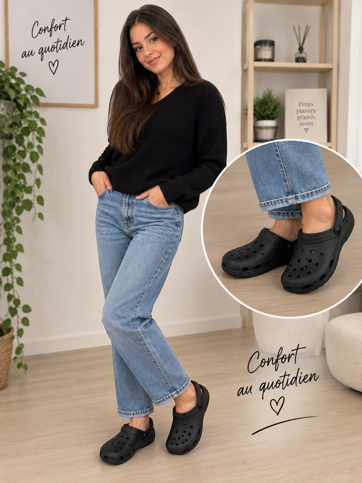 BROCK SUNSEA black EVA perforated clogs worn by a woman in jeans and a black sweater in a bright home setting