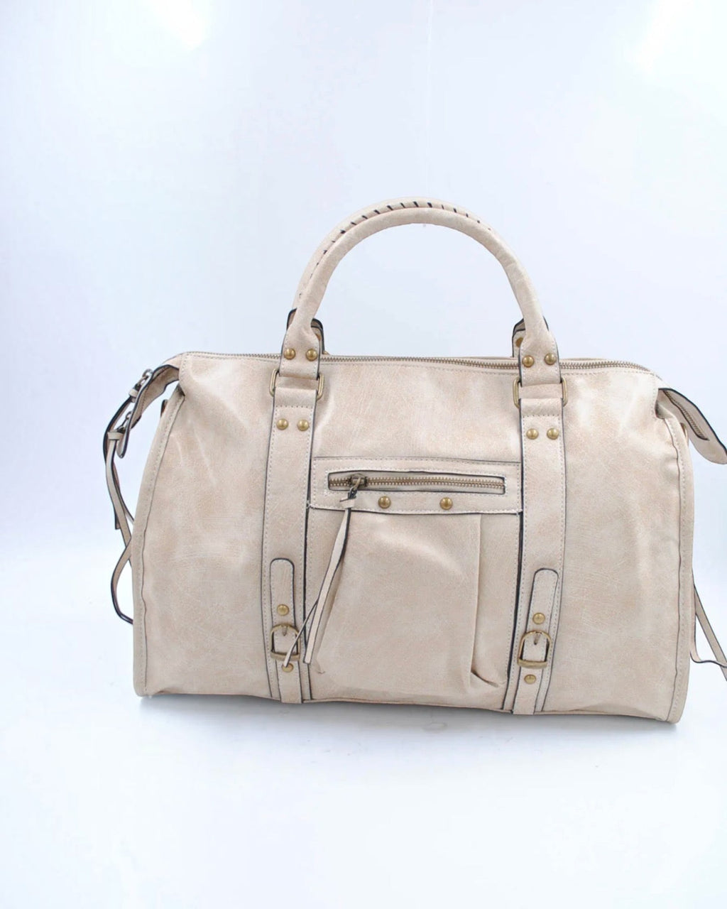 BROCK SYSTYLE beige synthetic weekend travel bag with gold metal hardware, braided handles, and front zip pocket.