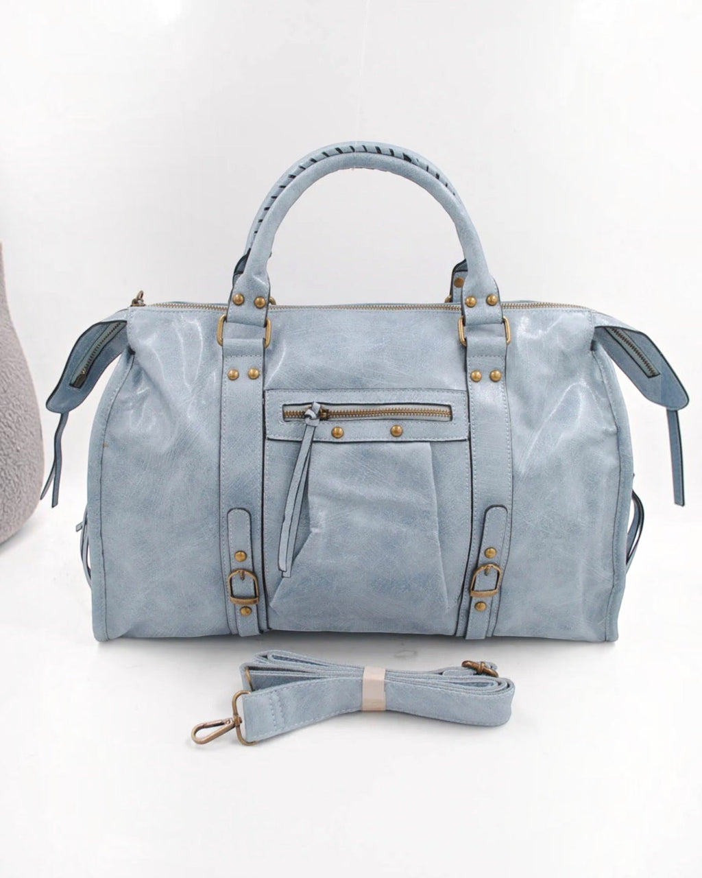 BROCK SYSTYLE light blue synthetic weekend travel bag with gold hardware, braided handles, and detachable strap.