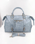 BROCK SYSTYLE light blue synthetic weekend travel bag with gold hardware, braided handles, and detachable strap.