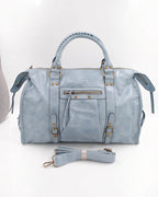 BROCK SYSTYLE light blue synthetic weekend travel bag with gold hardware, braided handles, and detachable strap.