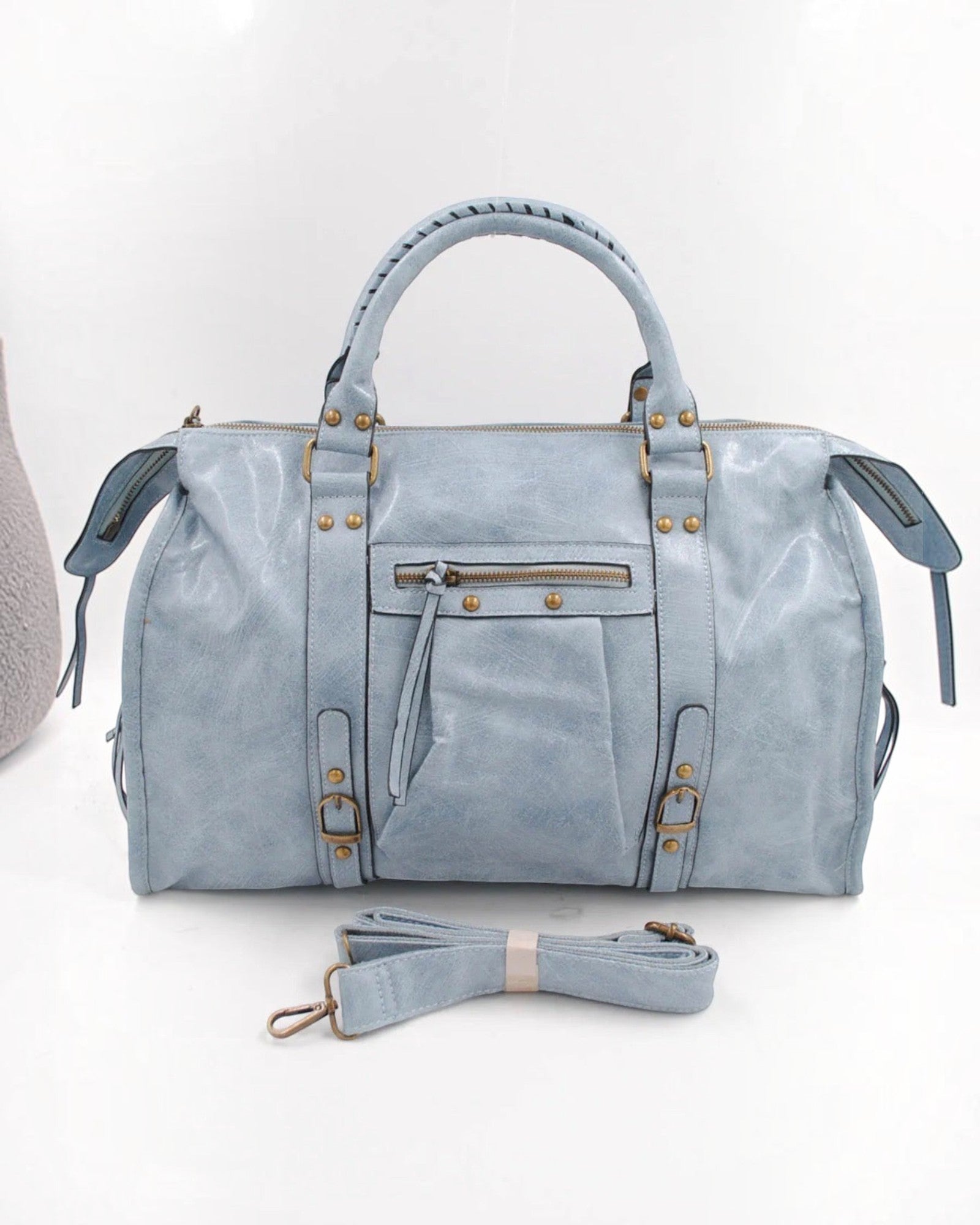 BROCK SYSTYLE light blue synthetic weekend travel bag with gold hardware, braided handles, and detachable strap.