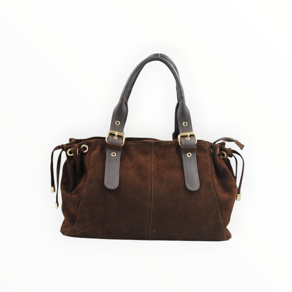 BROCK SYSTYLE brown suede handbag with dark grey leather handles and gold buckle accents