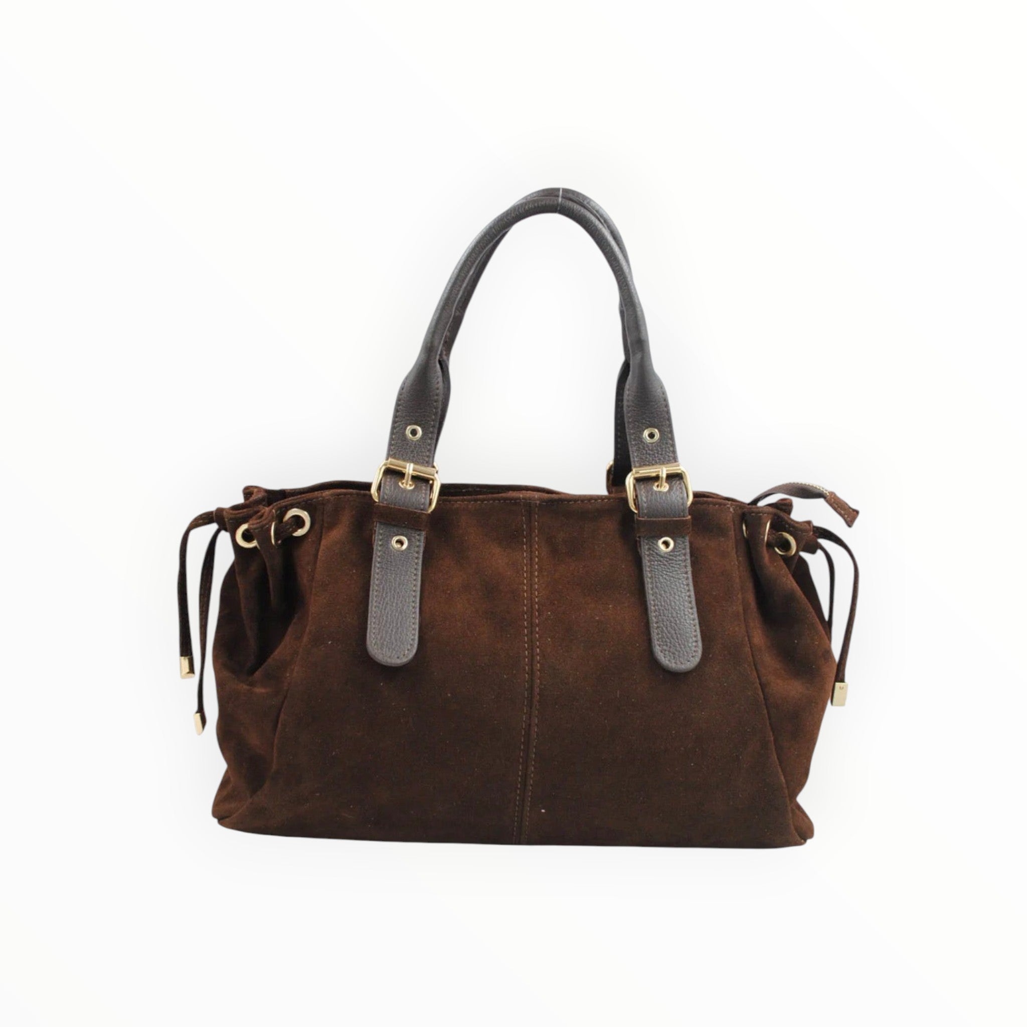 BROCK SYSTYLE brown suede handbag with dark grey leather handles and gold buckle accents