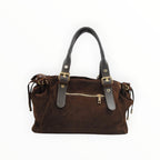 BROCK SYSTYLE dark brown suede leather handbag with gold zipper details and adjustable buckled handles
