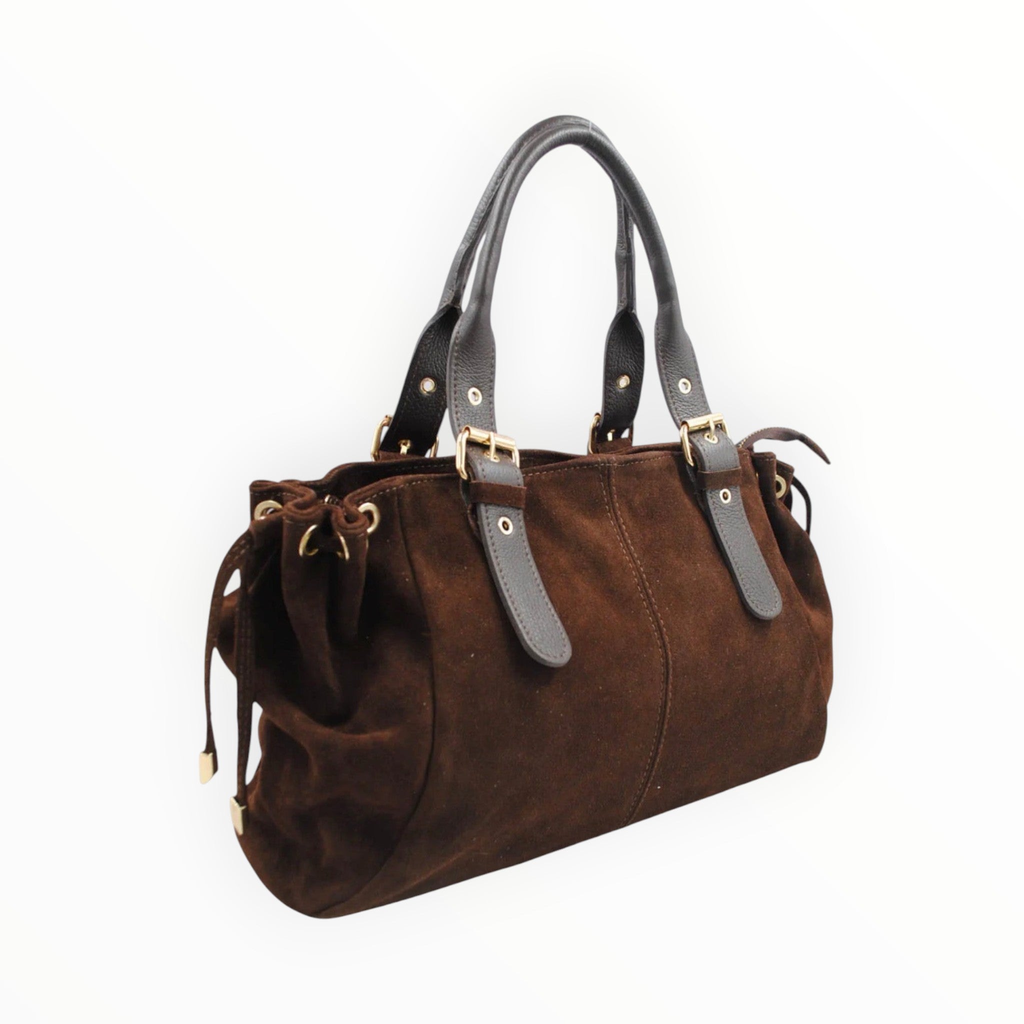 BROCK SYSTYLE brown suede leather handbag with dark brown leather handles and gold buckle accents
