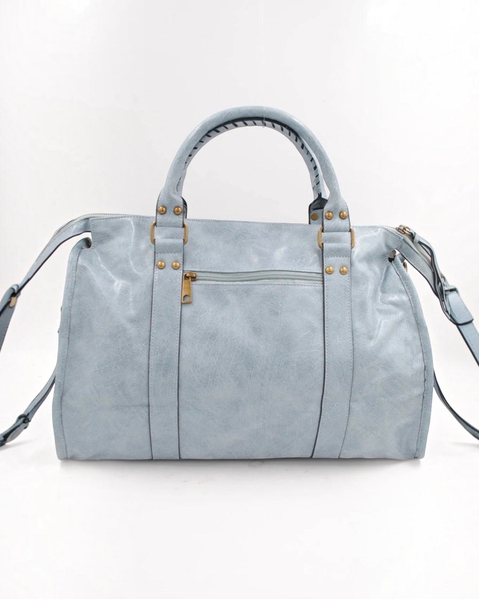 BROCK SYSTYLE light blue synthetic weekend travel bag with gold hardware, braided handles, and front zip pocket.