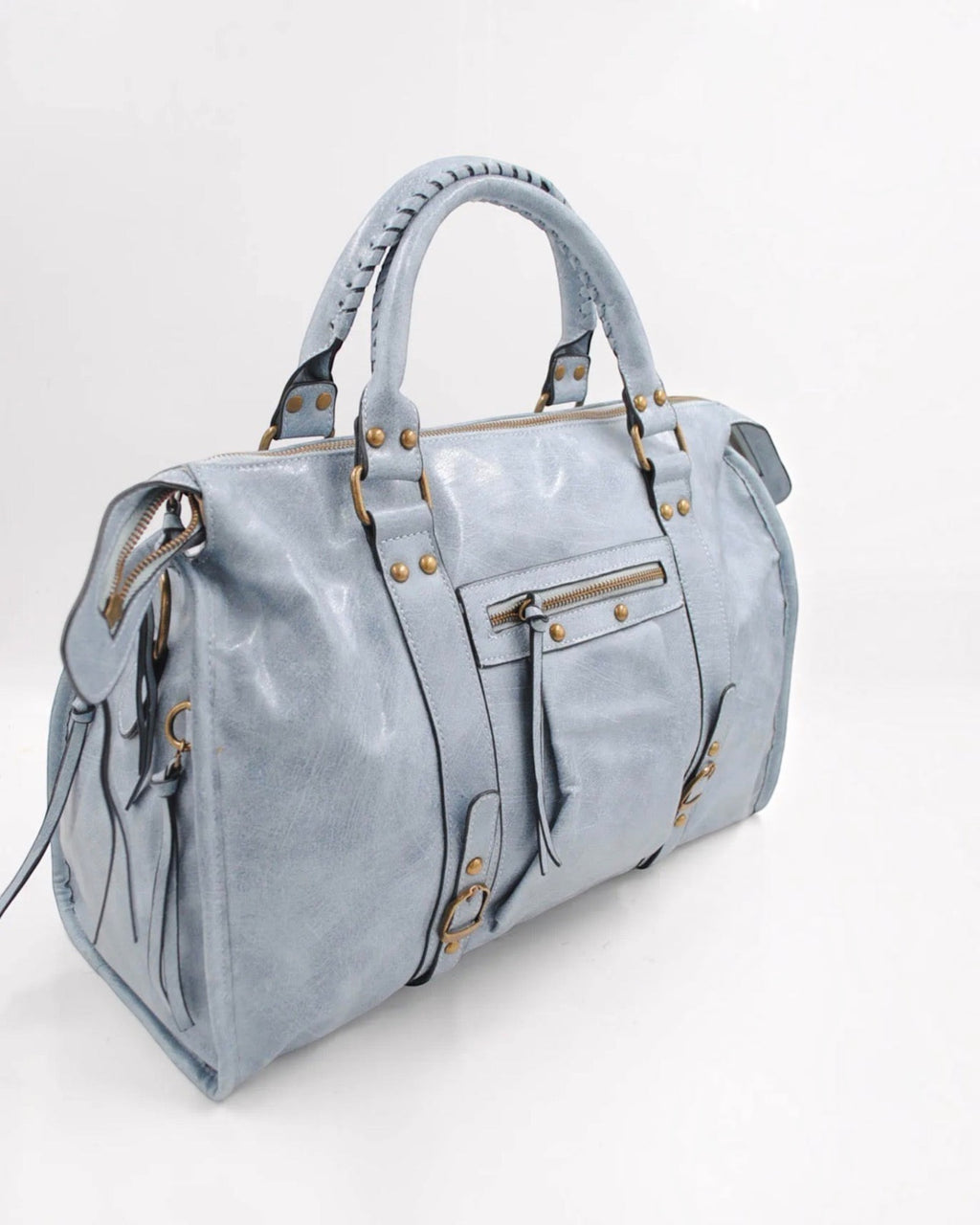 BROCK SYSTYLE light blue synthetic weekend bag with braided handles, gold metal hardware, and front zip pocket.