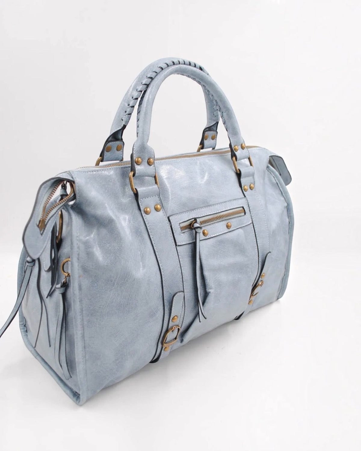 BROCK SYSTYLE light blue synthetic weekend bag with braided handles, gold metal hardware, and front zip pocket.