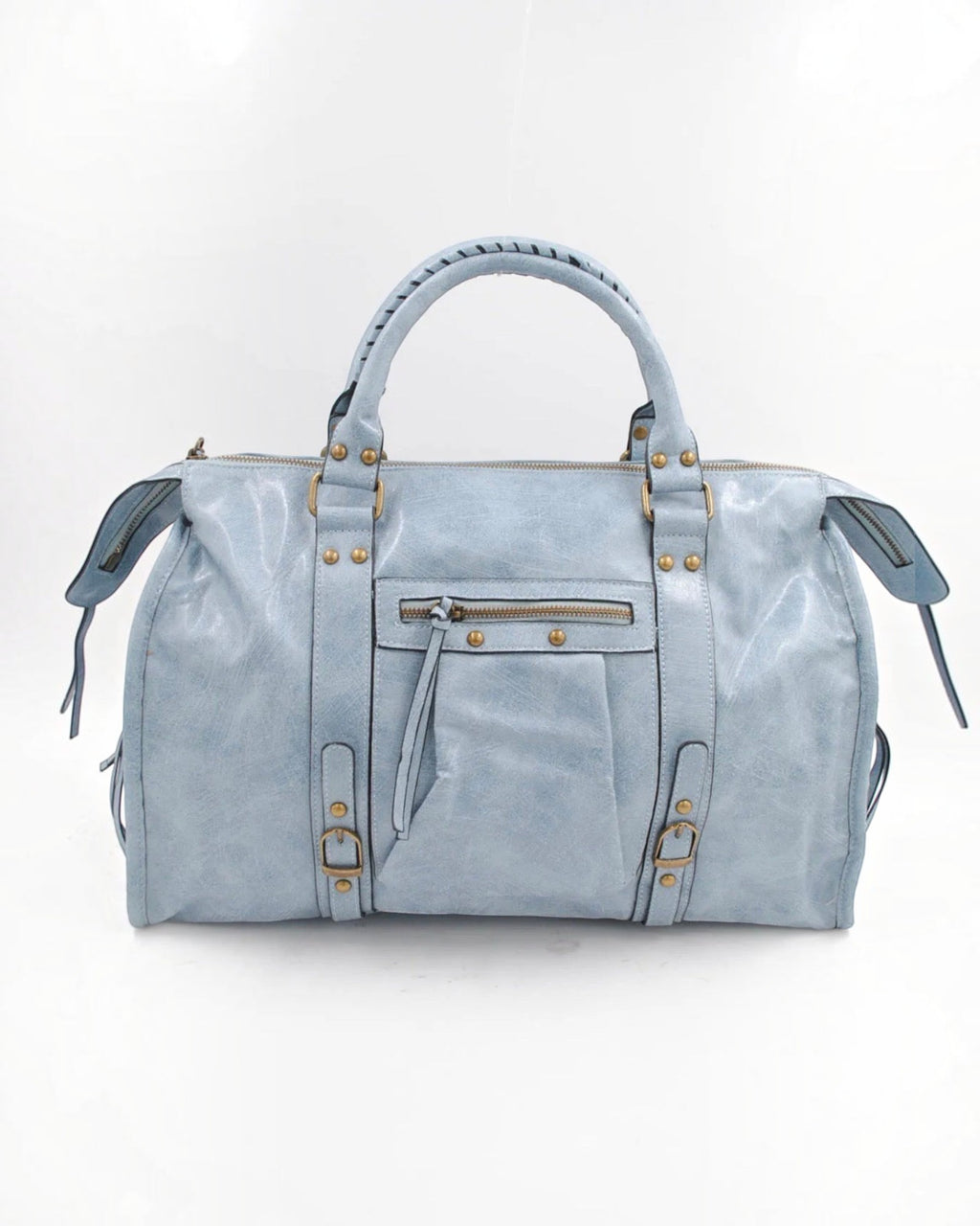 BROCK SYSTYLE light blue synthetic weekend travel bag with gold hardware, braided handles, and front zip pocket.