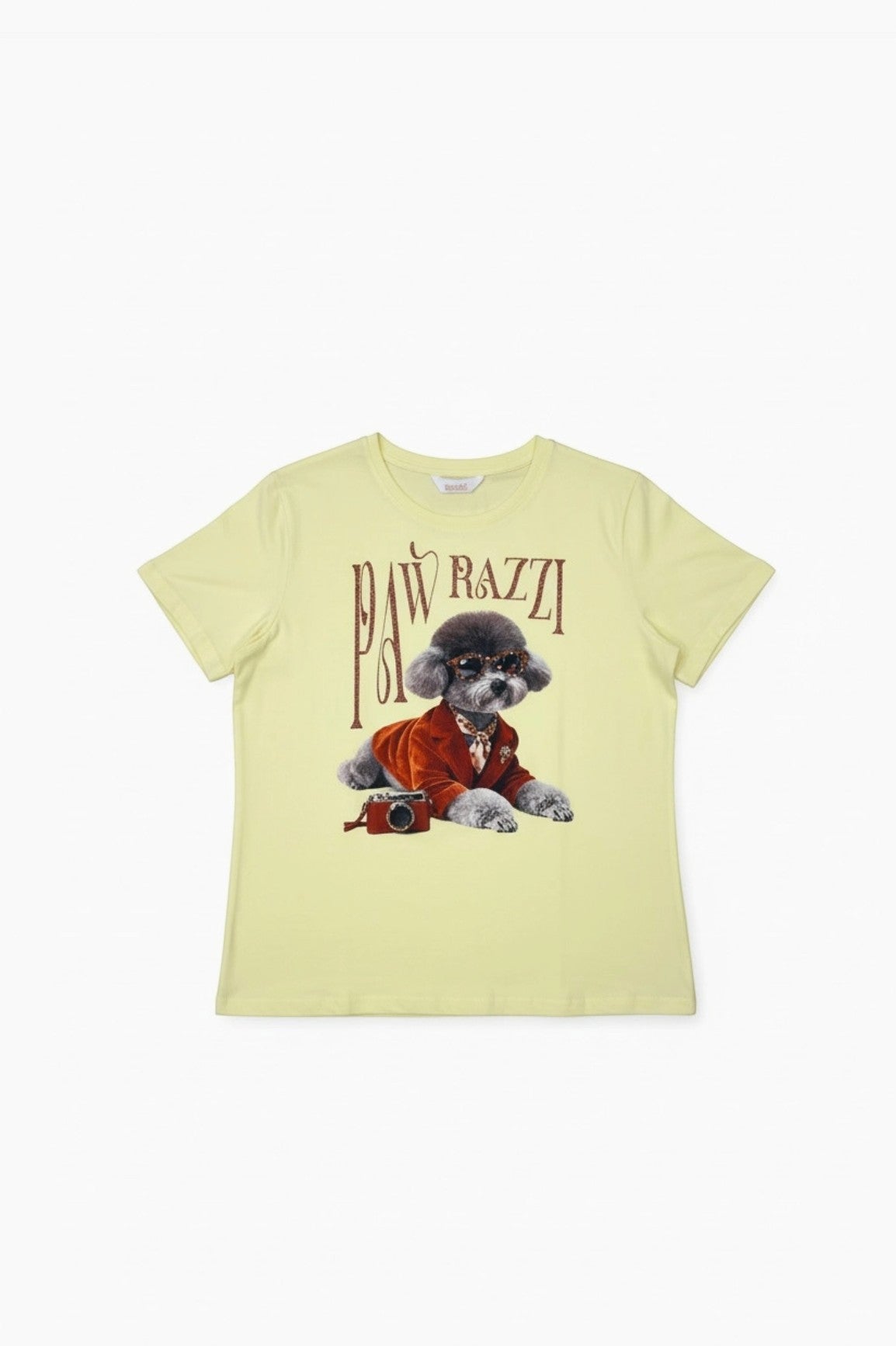 BROCK T-shirt jaune en coton pour femme avec imprimé chien stylé "Pawrazzi" et lunettes