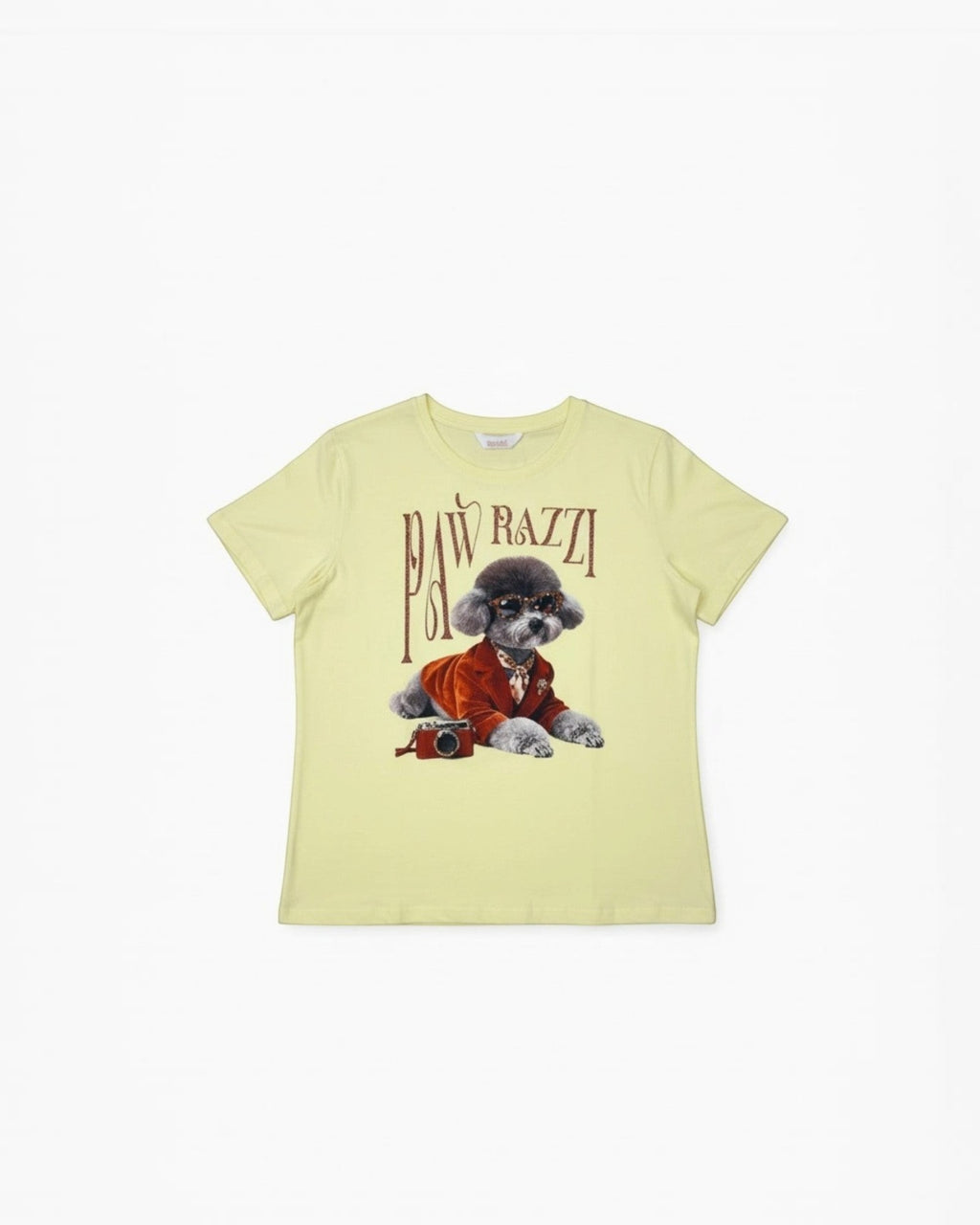 BROCK T-shirt jaune en coton pour femme avec imprimé chien stylé "Pawrazzi" et lunettes