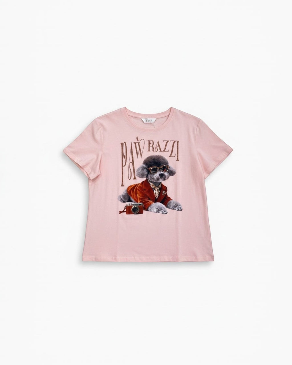 BROCK T-shirt rose en coton pour femme avec imprimé chien stylé "Pawrazzi" et lunettes.