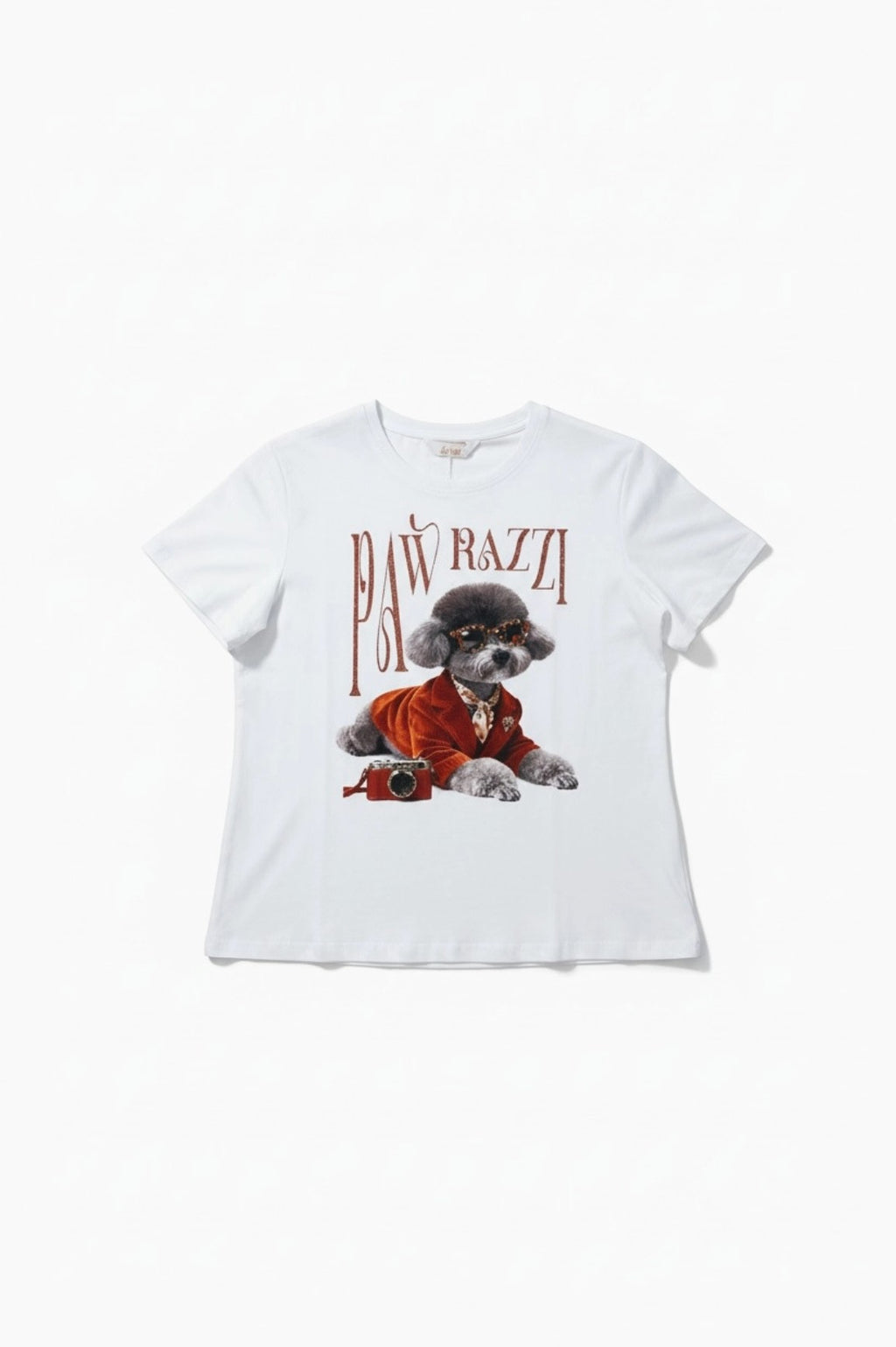 BROCK T-shirt blanc en coton pour femme avec imprimé chien stylé "Pawrazzi" et lunettes, col rond.
