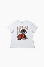 BROCK T-shirt blanc en coton pour femme avec imprimé chien stylé "Pawrazzi" et lunettes, col rond.