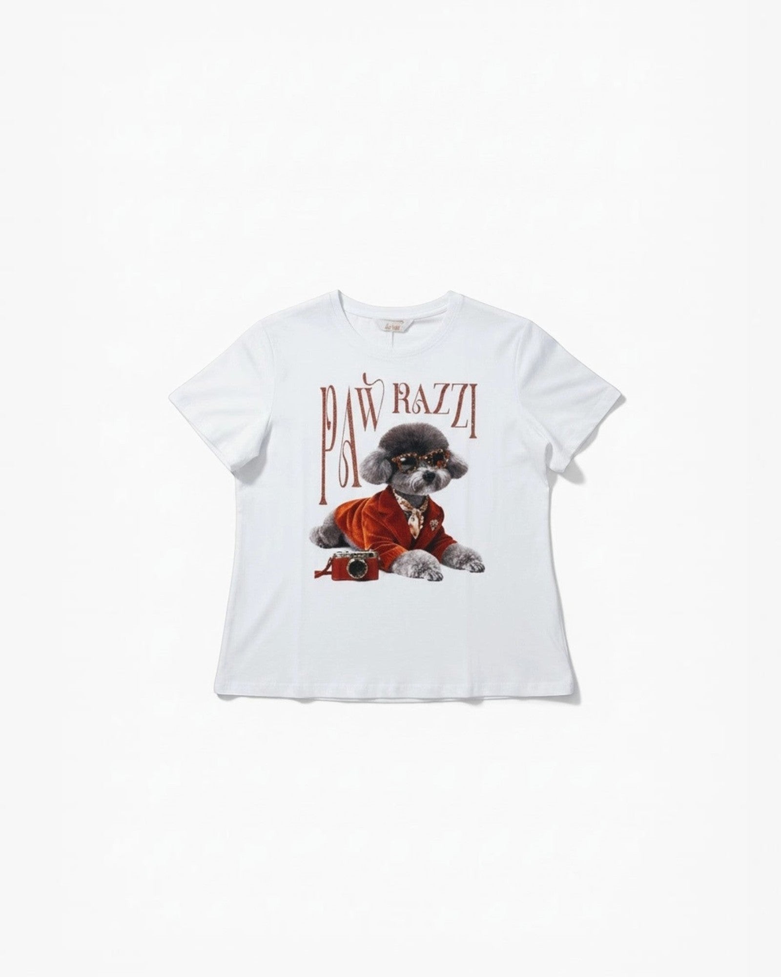 BROCK T-shirt blanc en coton pour femme avec imprimé chien stylé "Pawrazzi" et lunettes, col rond.
