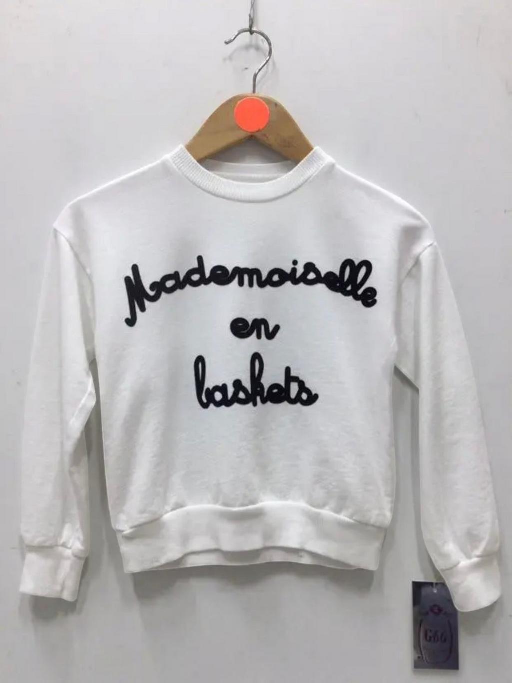 BROCK white cotton sweatshirt for children featuring black embroidered Mademoiselle en baskets text on the front.