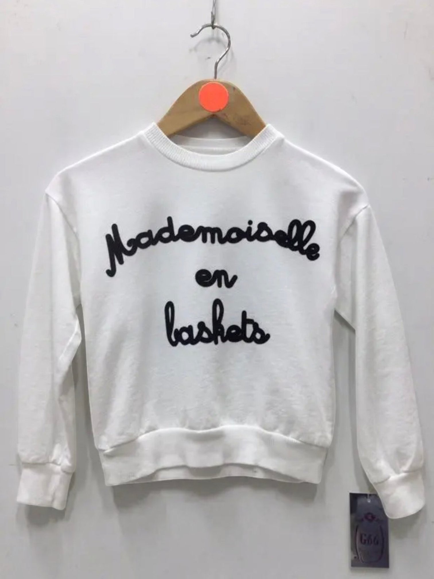 BROCK white cotton sweatshirt for children featuring black embroidered Mademoiselle en baskets text on the front.