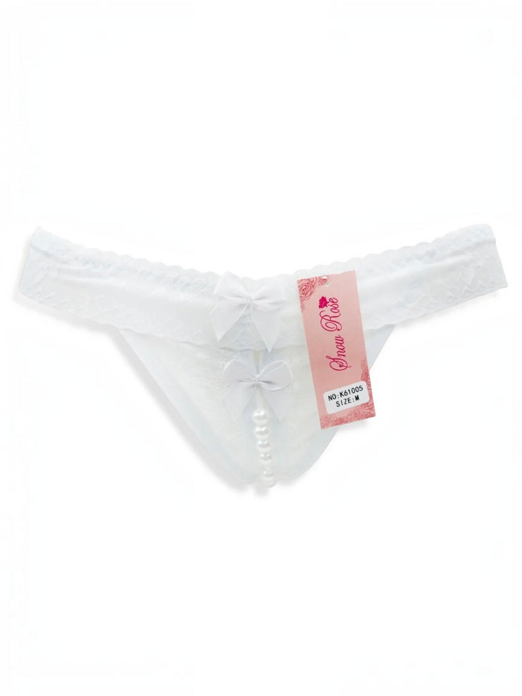BROCK white lace thong featuring decorative pearls and small bows for an elegant and sensual look.
