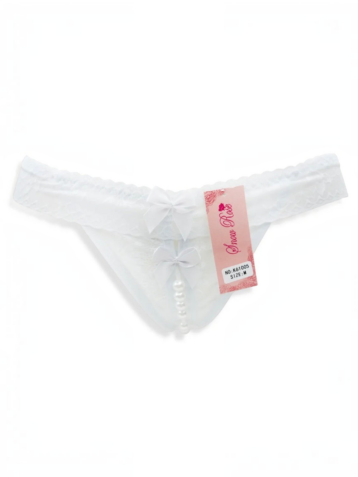 BROCK white lace thong featuring decorative pearls and small bows for an elegant and sensual look.