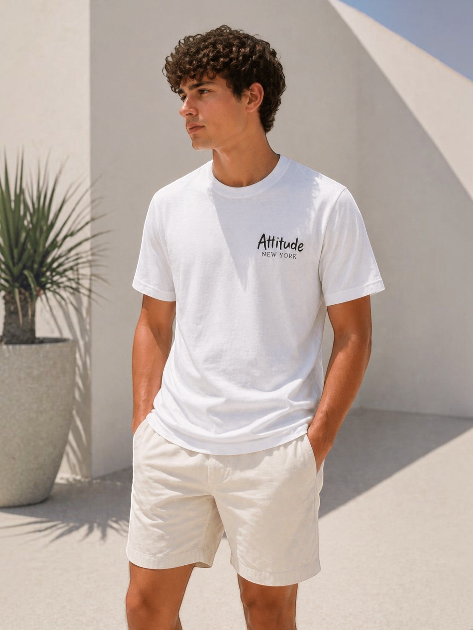 BROCK white cotton t-shirt with New York graphic on chest, worn by a man in a casual outdoor setting.