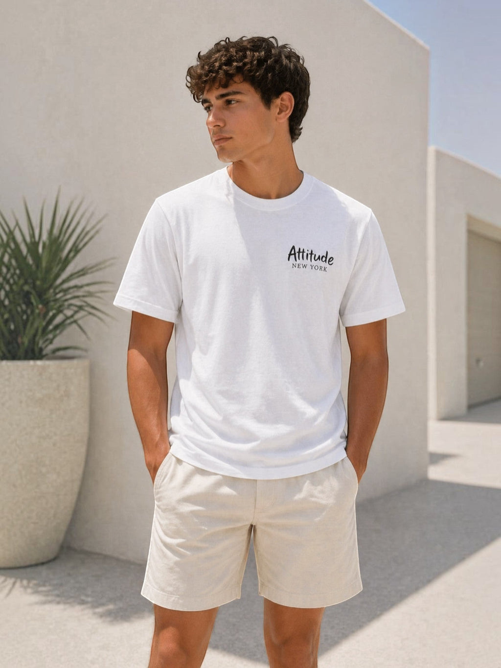 BROCK white cotton t-shirt with New York chest print worn by a man in a casual outdoor setting
