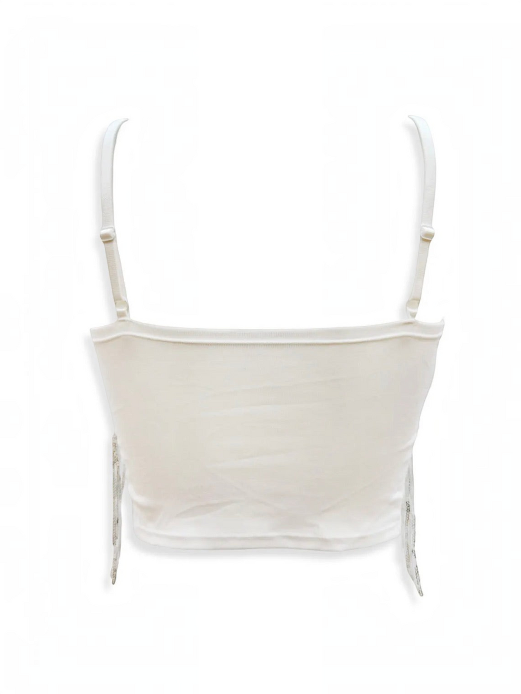 Back view of a white BROCK BELLE COM'ELLE sequin fringe crop top with adjustable straps on a plain background.