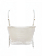 Back view of a white BROCK BELLE COM'ELLE sequin fringe crop top with adjustable straps on a plain background.