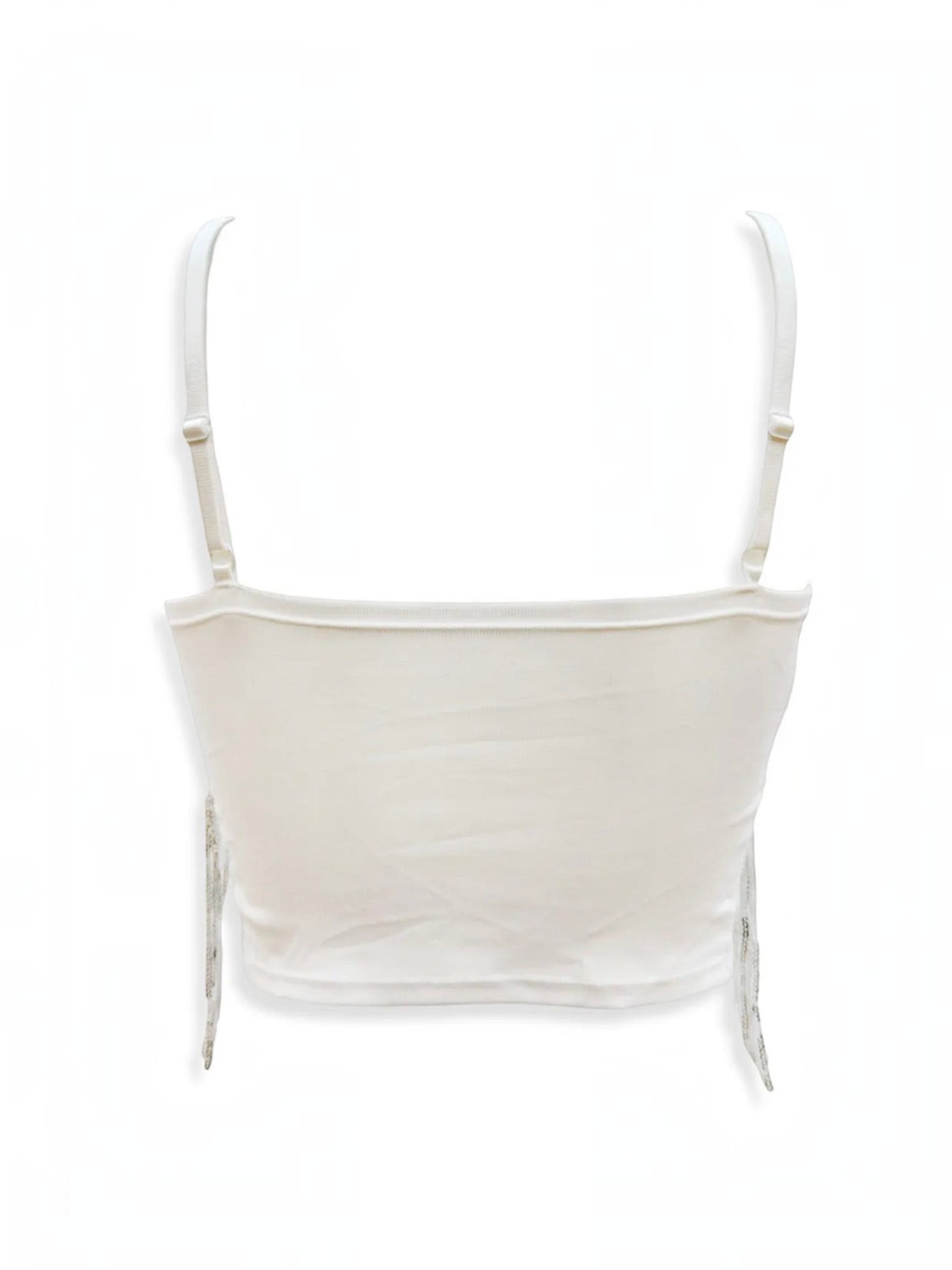 Back view of a white BROCK BELLE COM'ELLE sequin fringe crop top with adjustable straps on a plain background.