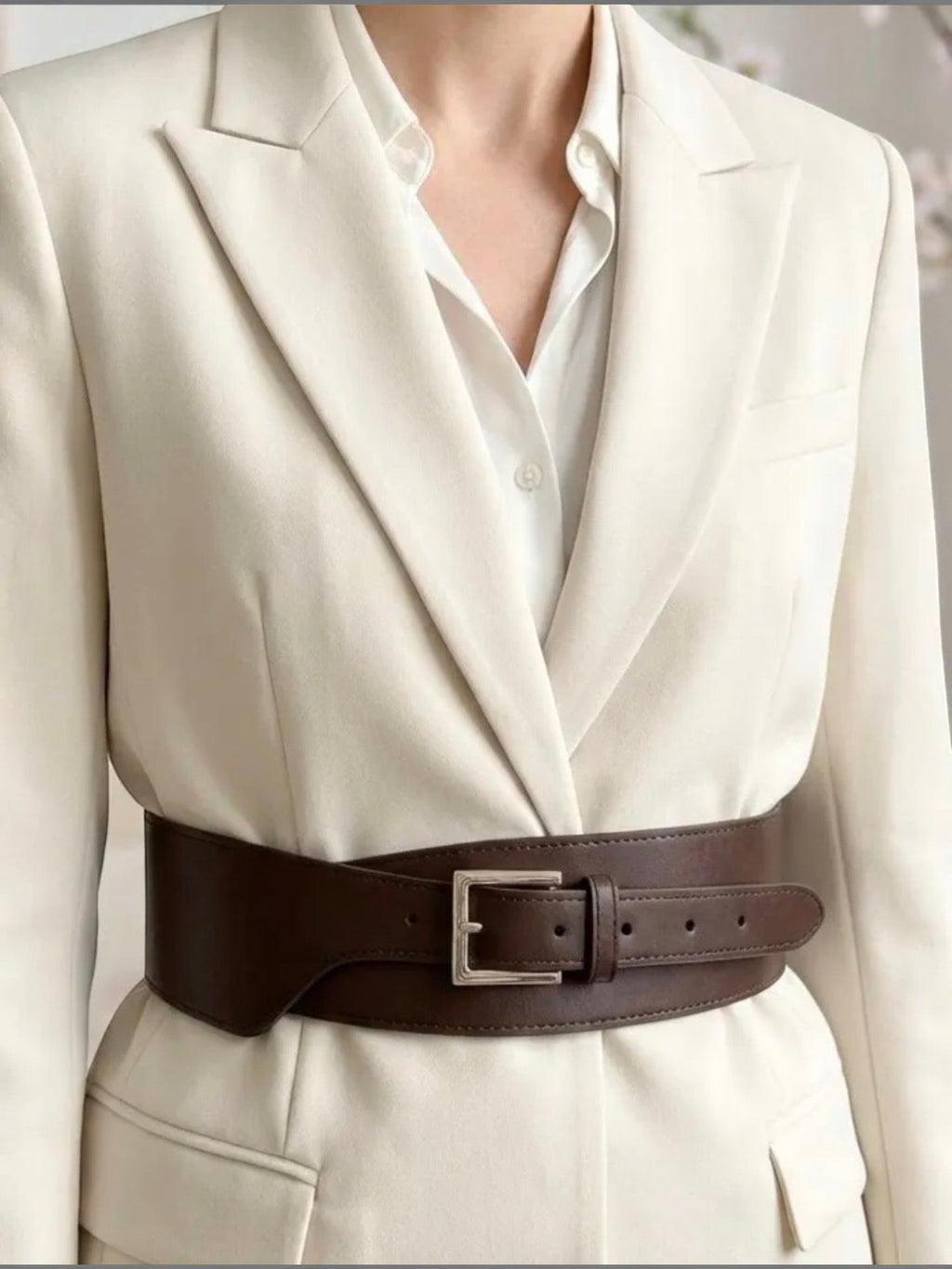 BROCK wide brown faux leather belt worn over a cream blazer, featuring a silver buckle and minimalist design