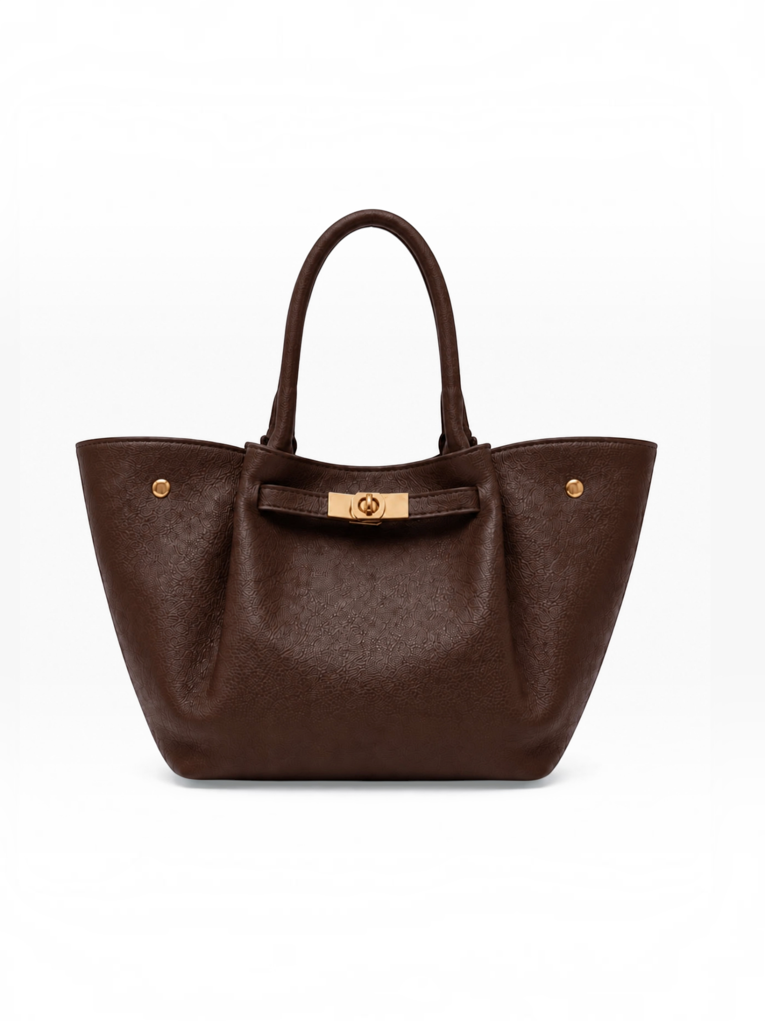 BROCK ZEEN Yara brown leather handbag with gold hardware and structured silhouette, made in Italy.