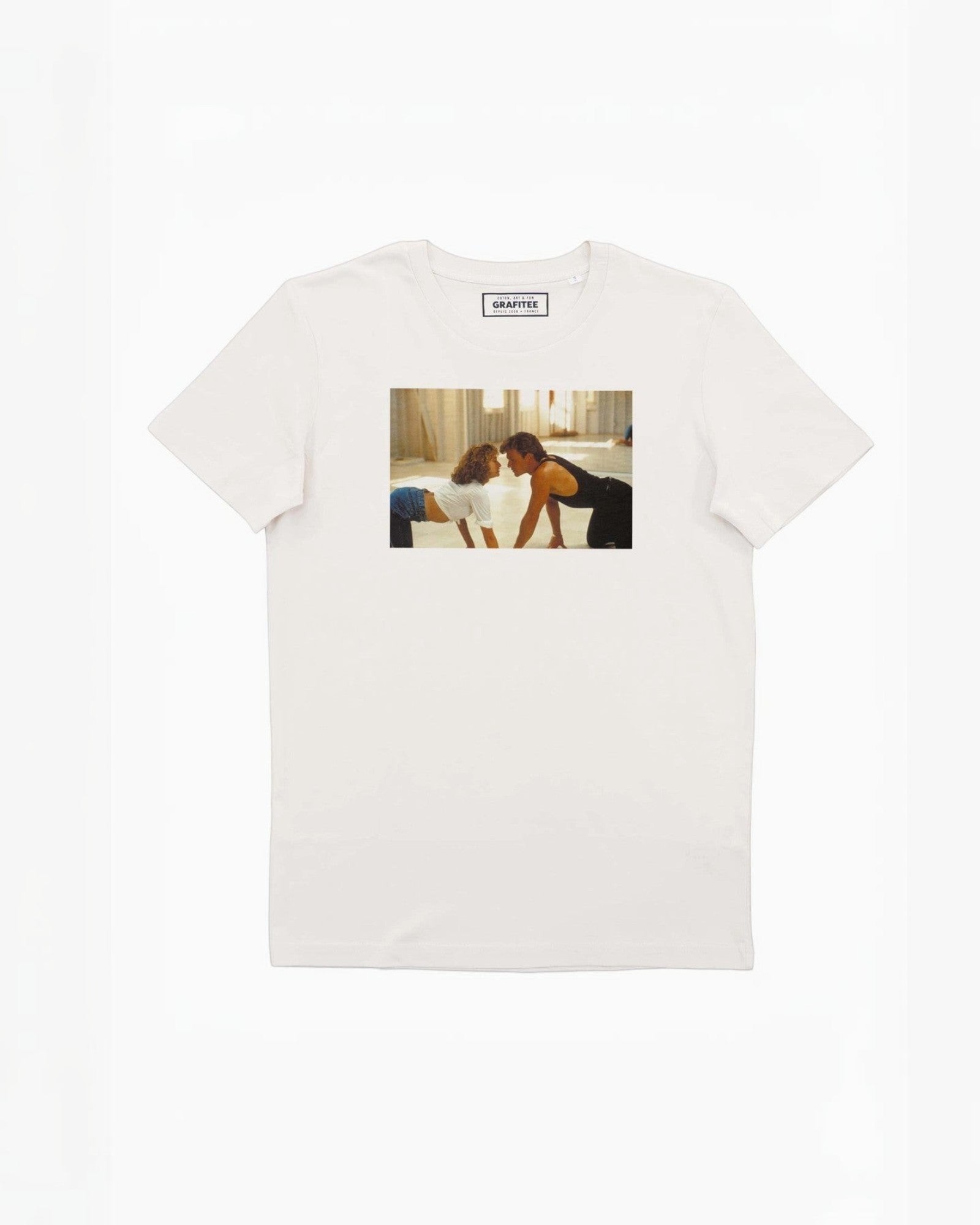 T-shirt blanc en coton bio avec un imprimé graphique de Dirty Dancing, col rond, manches courtes.