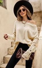Pull confortable à boutons en beige  FS collection